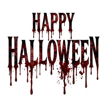 Happy halloween typography design with red blood drips on a plain white background