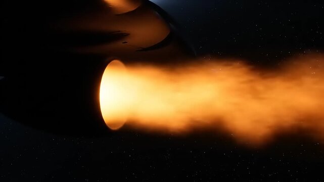 Jet engine nozzle burns brightly with intense orange flames during a high power test.