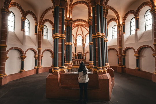 The interior of the two-storey decagonal chapel inside Vianden Castle in Vianden, Luxembourg.