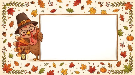 Fototapeta premium Cute cartoon turkey wearing a pilgrim hat and glasses holding a lantern next to a blank sign frame surrounded by autumn leaves and pumpkins
