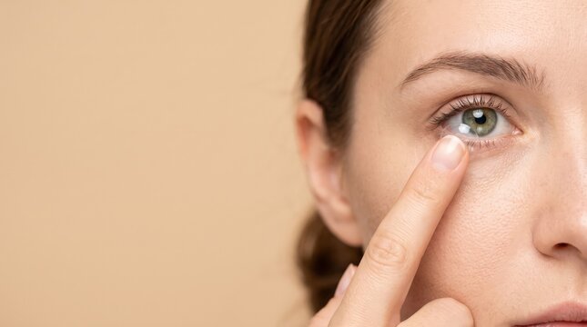 Close up of a young woman putting contact lens in her eye