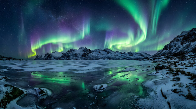 Vibrant aurora borealis over a frozen lake at night with snowy mountains in the background