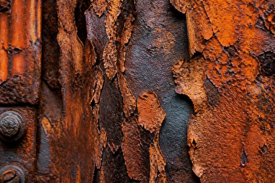 Rusted metal peeling paint on corroded industrial surface