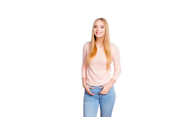 Obraz premium People lifestyle leisure joy fun enjoy person concept. Portrait of pretty careless beautiful cute sweet employee wearing casual outfit clothes isolated on gray background copyspace