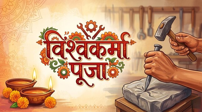 Happy Vishwakarma Puja banner with hands carving stone using hammer and chisel illustration