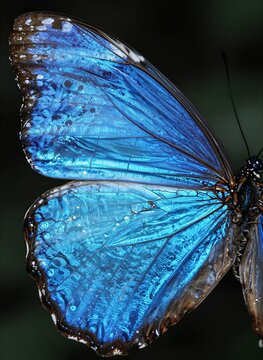 Showcases Close Of Wings Adult Butterfly With Iridescent Blue Coloration Luminous Certain Lighting Conditions Suggesting Photographed