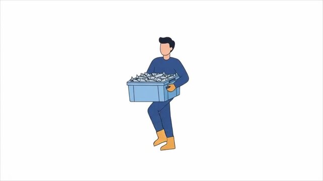 Fisherman Carrying a Plastic Crate Full of Freshly Caught Fish.