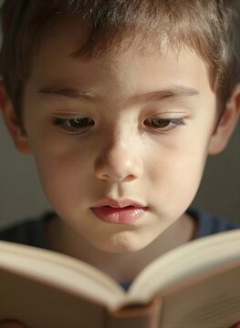 Captures Close Of Young Child Engrossed In Reading Book Focus On Upper Half Face Displays Expression Indicative Concentration Deep