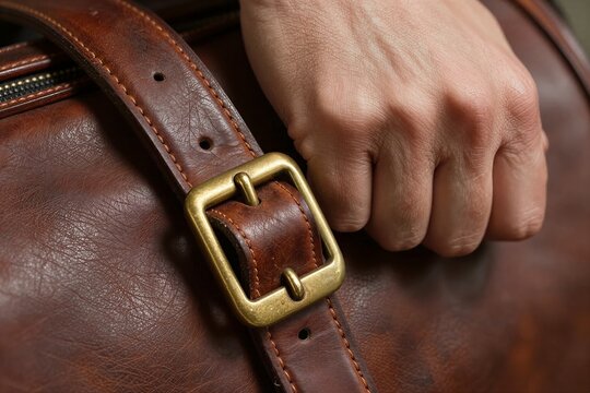 Captures Close Of Adults Hand Resting On Strap Brown Leather Suitcase Skin Weathered Suggesting Maturity Frequent Use Outdoors