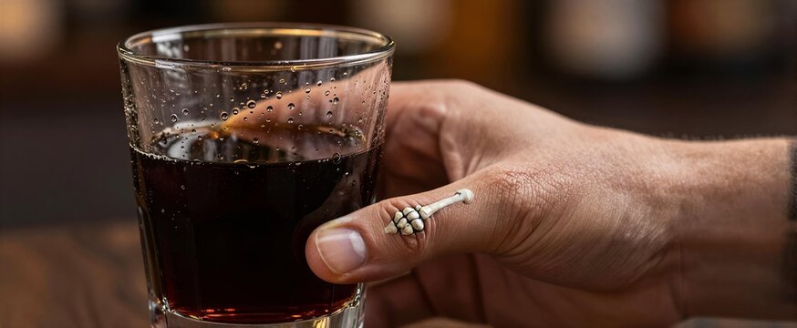 Close Of Individuals Hand Holding Glass Filled With Dark Liquid Bubbles On Surface Suggesting Carbonation Person To Bitten Pinched