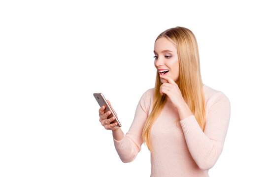 Aha! Style stylish person moment insight interested smart concept. Half-turned portrait of clever pensive genius cunning manager reading necessary information on telephone isolated on gray background