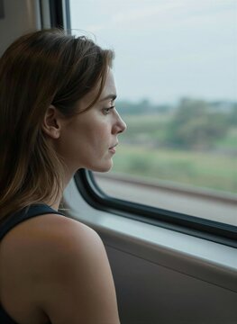 Depicts Young Woman Seated By Window Of To Train Bus Gazing Outwards Lost In Thought As Looks Shoulder Towards Something Outside Frame