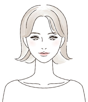 手描き風の正面を向いた女性のバストアップのイラスト