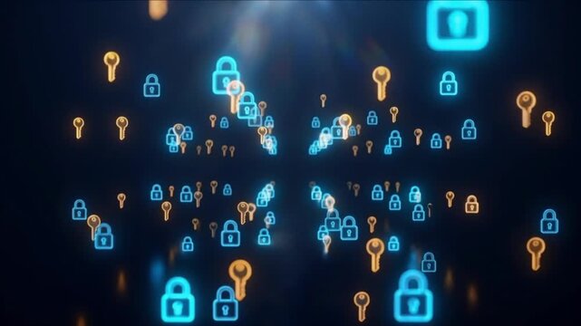 暗い空間に青い南京錠と金色の鍵アイコンが漂うサイバーセキュリティ背景