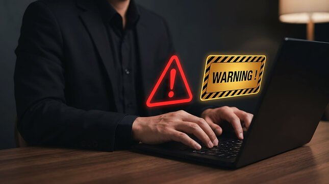 Businessman using laptop with cyber security warning alert icon on screen concept