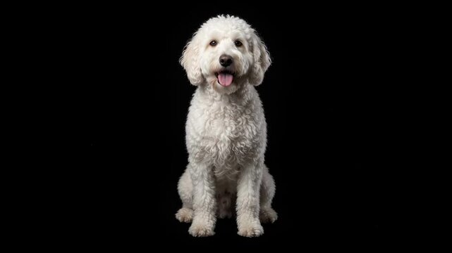 Adorable labradoodle dog sitting down and looking at the camera