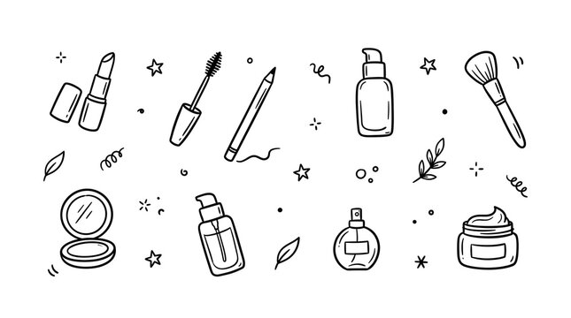 Hand drawn makeup and beauty product icons set for cosmetic design