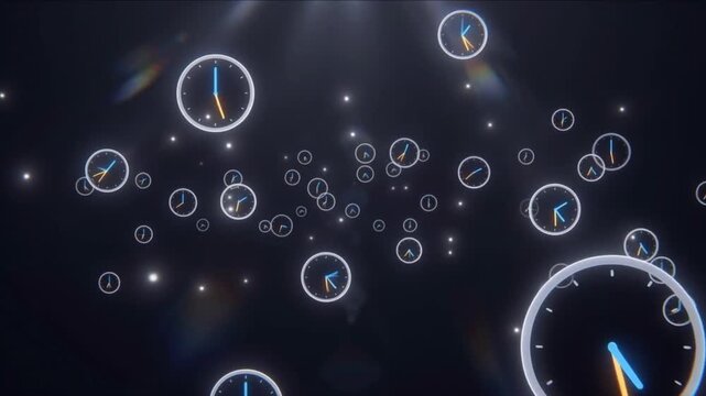 暗い空間に青と琥珀色の針を持つ時計アイコンが浮遊する時間の抽象ネオン背景
