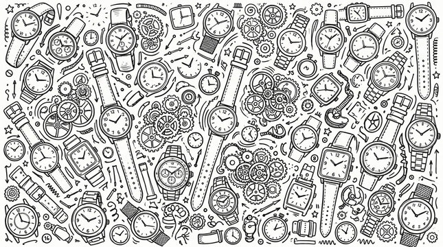 Hand drawn wrist watch doodle pattern, black and white clock sketch background