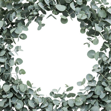 A circular frame of silver eucalyptus leaves on a clean transparent background