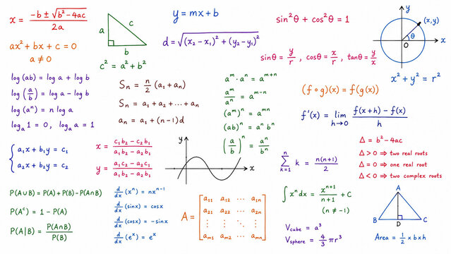 Handwritten mathematical formulas and geometry equations on a white background