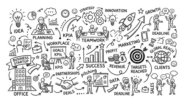 Business strategy doodle sketch with icons for startup planning and corporate growth goals