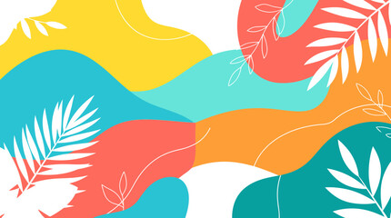 Fototapeta premium Vibrant Abstract Background Featuring Colorful Organic Liquid Shapes and Elegant White Tropical Botanical Leaves for Modern Decorative Design