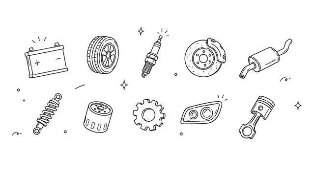 Hand drawn car parts icons set, automotive repair service doodle collection on white