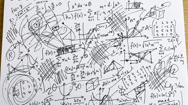 Complex mathematical formulas and geometric sketches handwritten on white paper background.