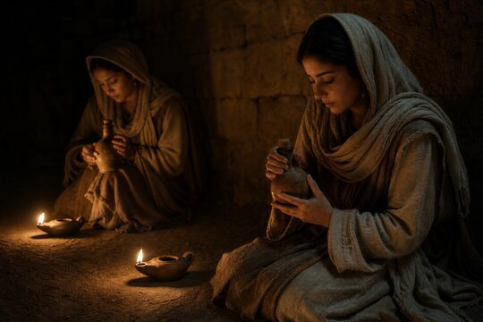 Two biblical women holding oil lamps in a dim ancient shelter. Wise virgins preparing for the bridegroom with light, faith, vigilance, and spiritual readiness.