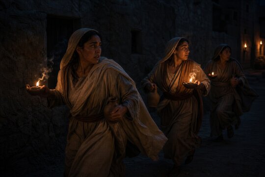 Three biblical women carrying oil lamps through a dark stone passage. Parable of the wise and foolish bridesmaids representing spiritual readiness, faith, vigilance, and judgment.