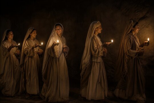 Five biblical women holding oil lamps in a dark ancient setting. Parable of the wise and foolish virgins symbolizing preparedness, faith, vigilance, and spiritual readiness.