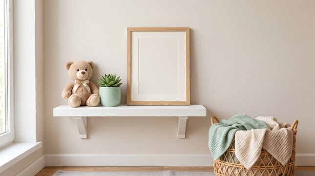 Minimalist nursery room corner featuring white floating shelf with cute teddy bear, small succulent in green pot and empty wooden picture frame mockup, wicker basket with knitted