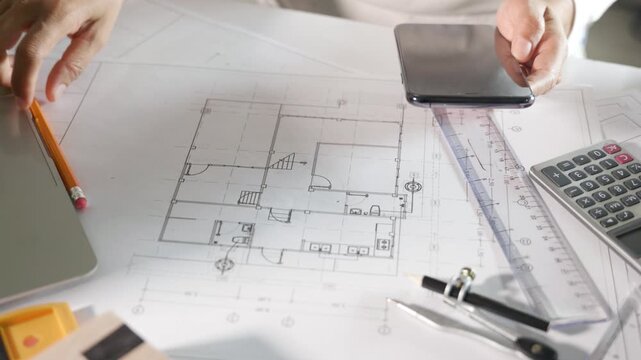 A detailed architectural blueprint laid out on a desk with drafting tools nearby.