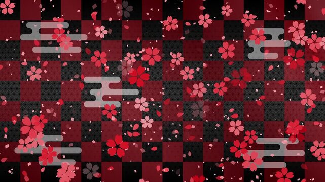 cherry blossoms 01 small confetti red fall pattern01 ekasumi ichimatsu asanoha loop （red black background）01