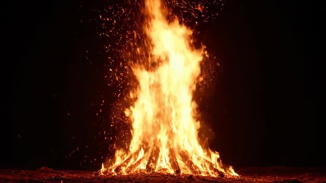 Close-up of a blazing bonfire, flamethrower animation