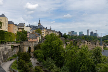 Fototapeta premium The historic fortifications and old town area of Luxembourg City, including the stone ramparts near the Bock Casemates