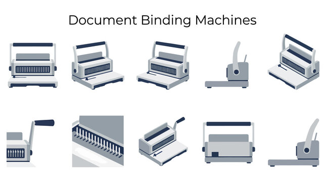A set of ten isometric and orthographic illustrations of document binding machines with various labels
