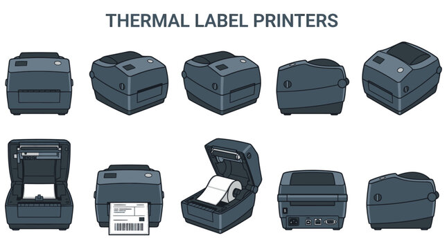 Ten labeled illustrations of a desktop thermal label printer from various angles and states of operation