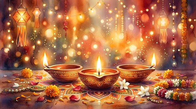 Three glowing earthen lamps decorated with flowers on colorful rangoli background.
