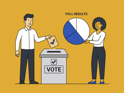 Vector illustration of people casting ballots in a vote box and analyzing poll results statistics