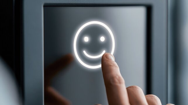 Finger touching a glowing smiley face on a touchscreen display