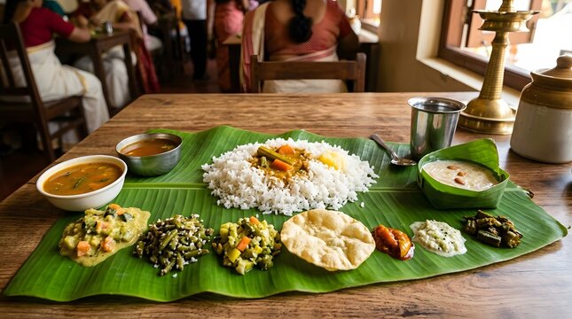 Traditional south indian thali served on banana leaf with rice and various curries.