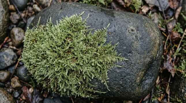 Soft sage green moss on a smooth river stone. Earthy organic background.
