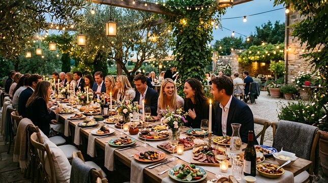 Large group of friends enjoying long dinner party table in scenic garden at dusk.