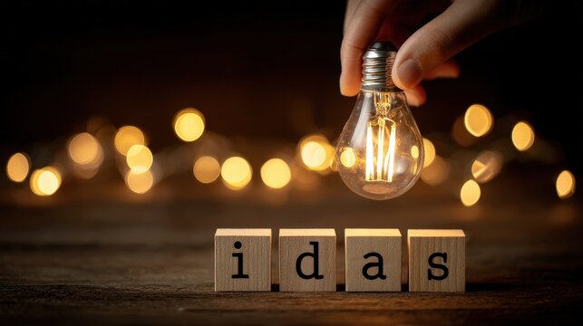 Hand holding light bulb above wooden blocks spelling idas