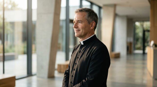 Confident mature Christian priest wearing clerical collar and black shirt standing inside modern church building hallway looking ahead with gentle