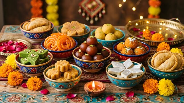 Assorted indian sweets and desserts arranged in colorful bowls for festive season.