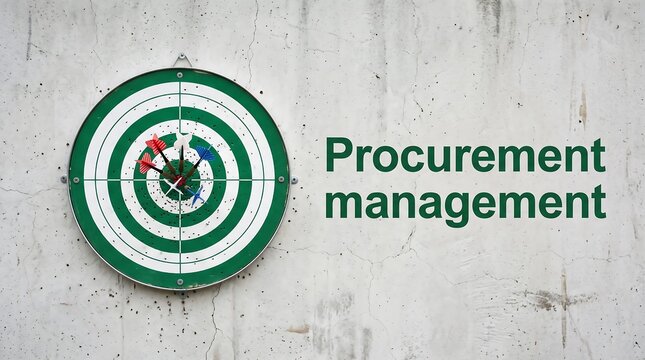 Dartboard with darts hitting the bullseye on white concrete wall for procurement management strategy target.