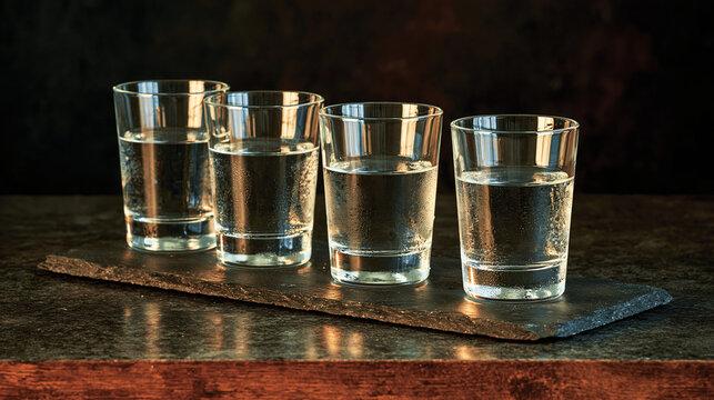 Row of Four Shot Glasses with Condensation on Slate Board over Weathered Counter